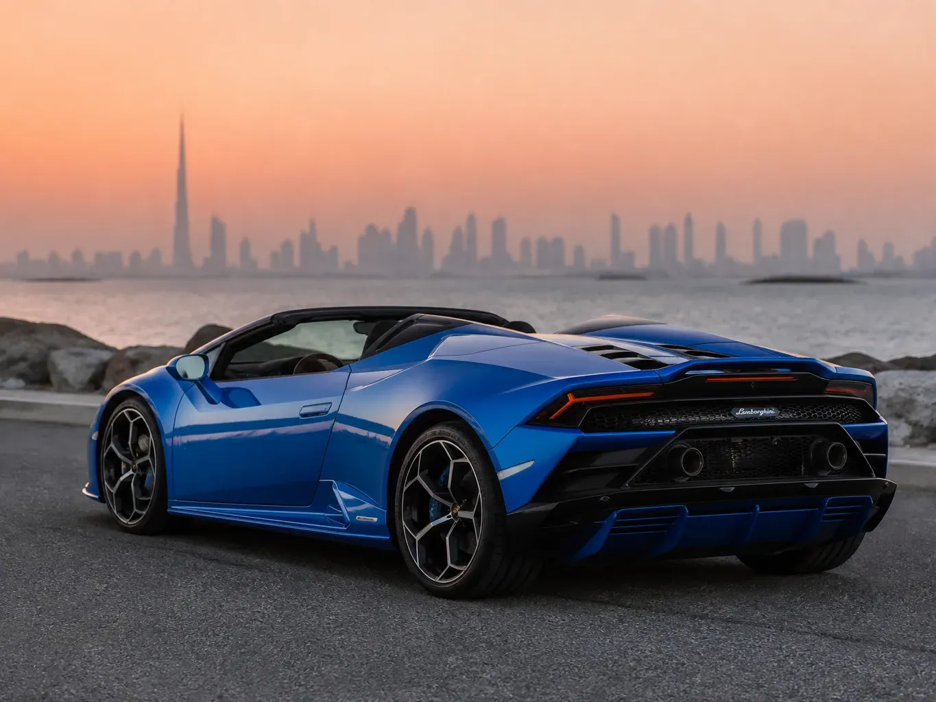 Lamborghini Huracan Evo Spyder Blue rear three-quarter view