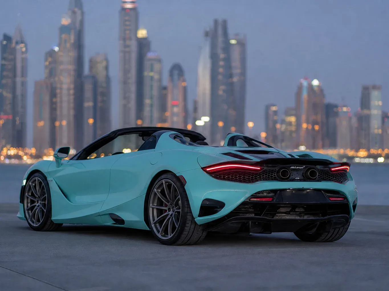 McLaren 750S Spyder Tiffany Blue rear three-quarter view
