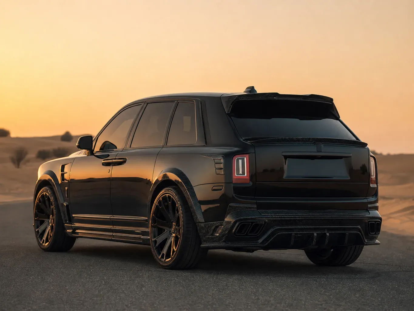 Rolls-Royce Cullinan Mansory Black rear three-quarter view